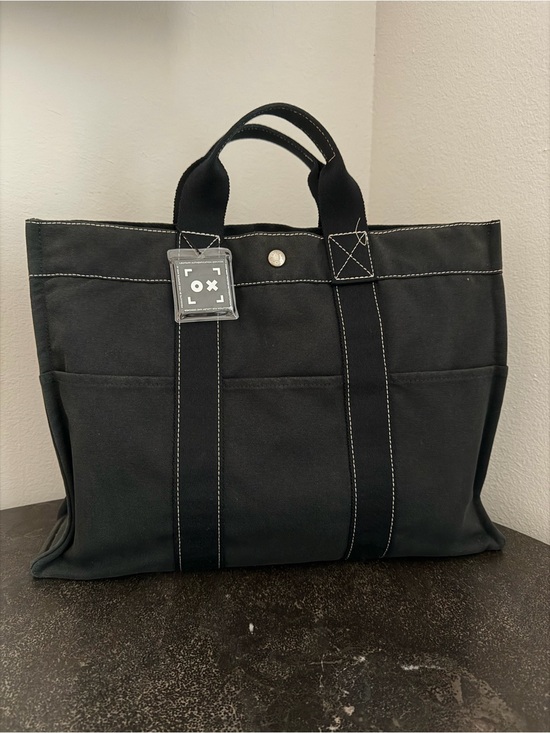 Hermes Handbags - Hermes Black Canvas Tote with Contrast Stitching - Authentic Pre-Loved